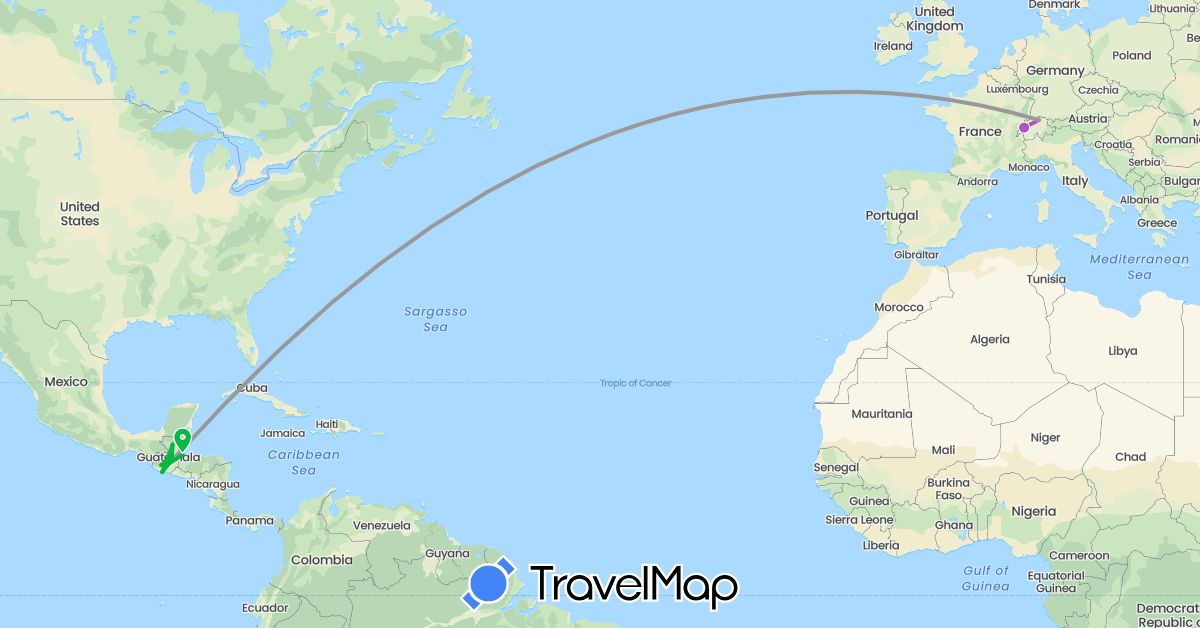TravelMap itinerary: driving, bus, plane, train in Switzerland, Guatemala (Europe, North America)